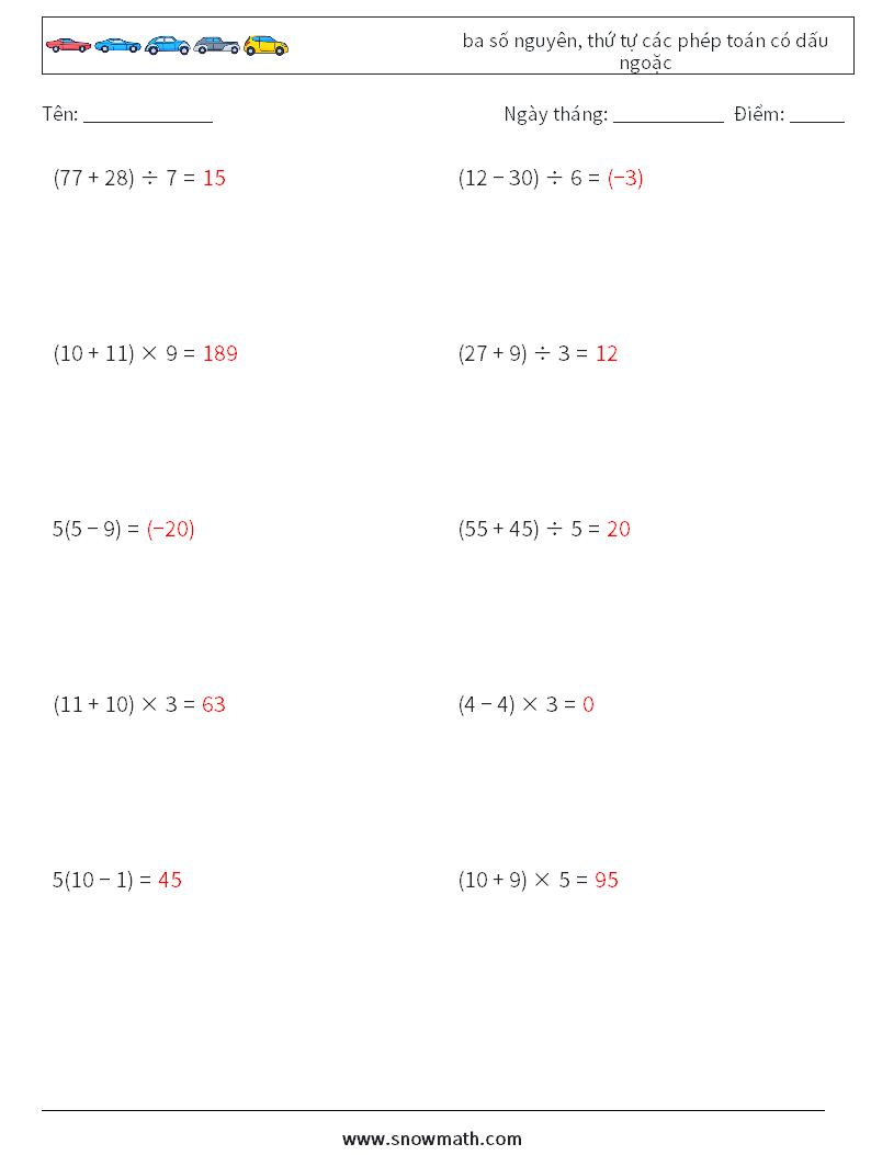 (10) ba số nguyên, thứ tự các phép toán có dấu ngoặc Bảng tính toán học 3 Câu hỏi, câu trả lời