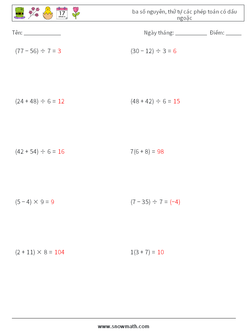(10) ba số nguyên, thứ tự các phép toán có dấu ngoặc Bảng tính toán học 6 Câu hỏi, câu trả lời
