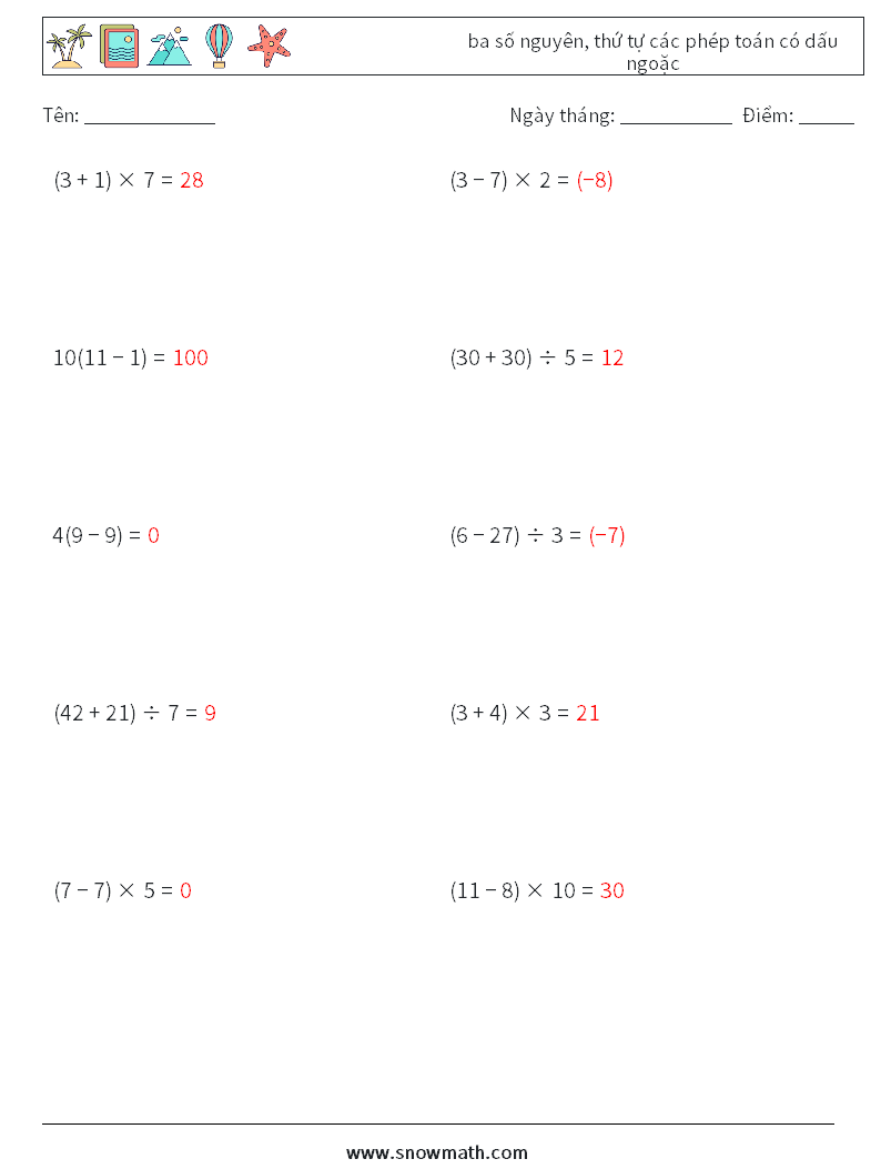 (10) ba số nguyên, thứ tự các phép toán có dấu ngoặc Bảng tính toán học 7 Câu hỏi, câu trả lời