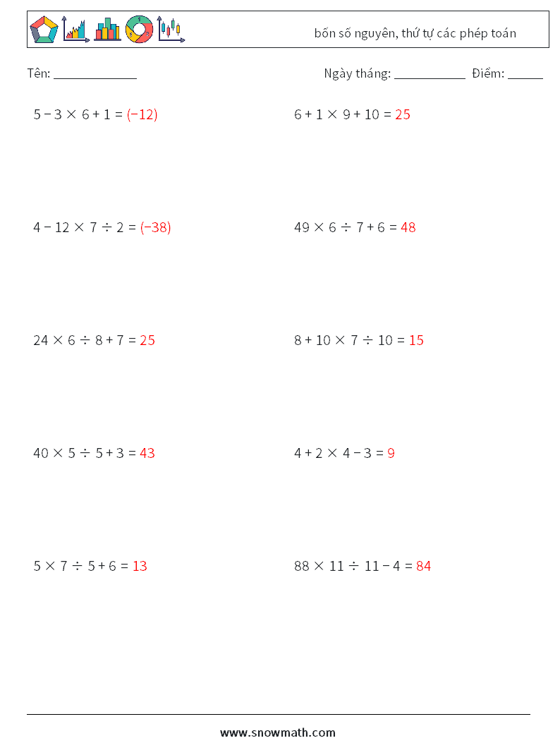 (10) bốn số nguyên, thứ tự các phép toán Bảng tính toán học 14 Câu hỏi, câu trả lời