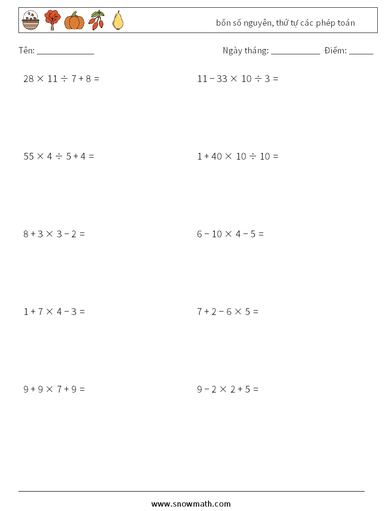 (10) bốn số nguyên, thứ tự các phép toán Bảng tính toán học 5