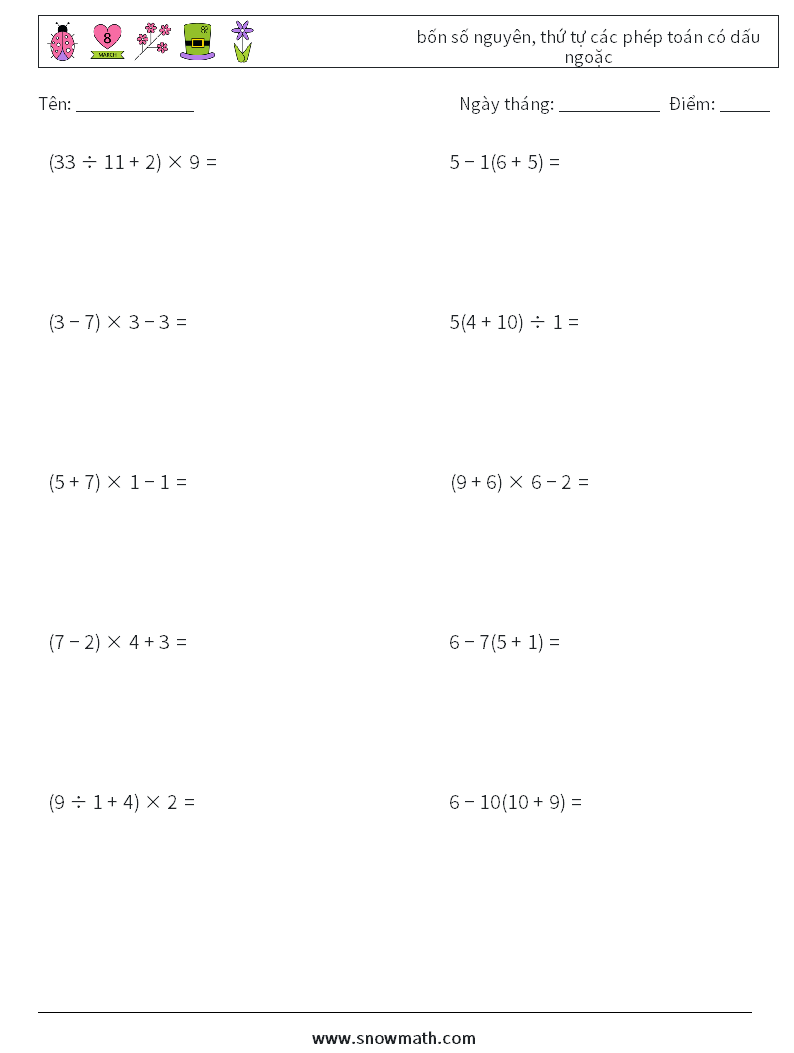 (10) bốn số nguyên, thứ tự các phép toán có dấu ngoặc Bảng tính toán học 10