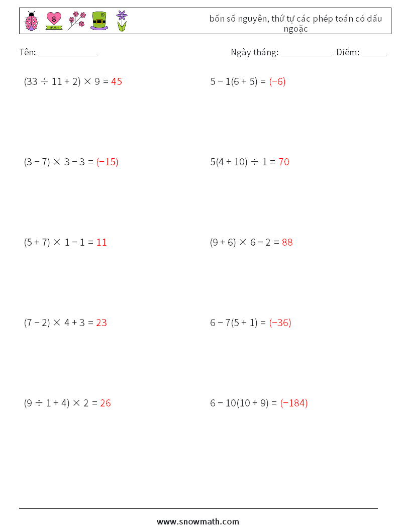 (10) bốn số nguyên, thứ tự các phép toán có dấu ngoặc Bảng tính toán học 10 Câu hỏi, câu trả lời