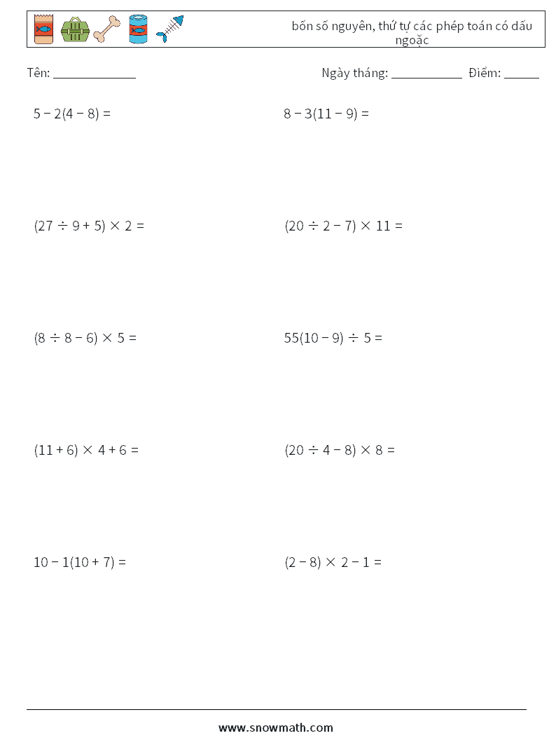 (10) bốn số nguyên, thứ tự các phép toán có dấu ngoặc Bảng tính toán học 12