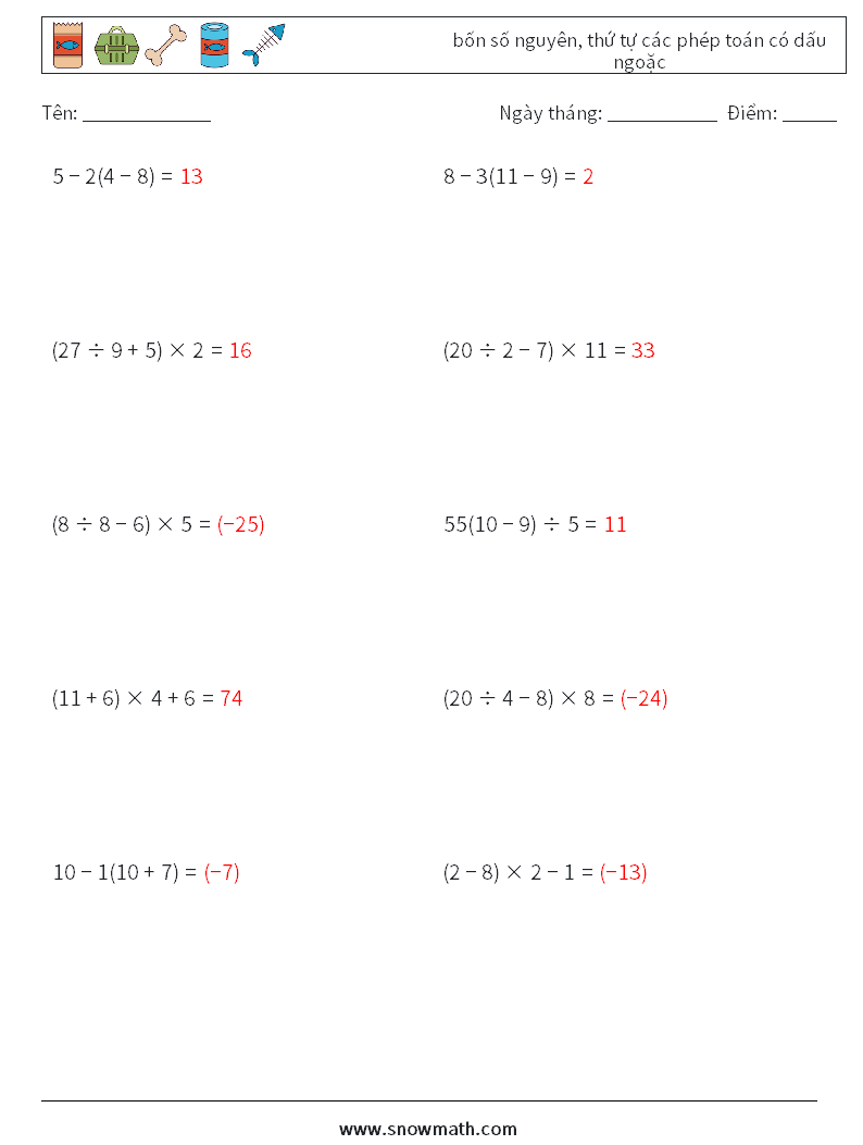 (10) bốn số nguyên, thứ tự các phép toán có dấu ngoặc Bảng tính toán học 12 Câu hỏi, câu trả lời