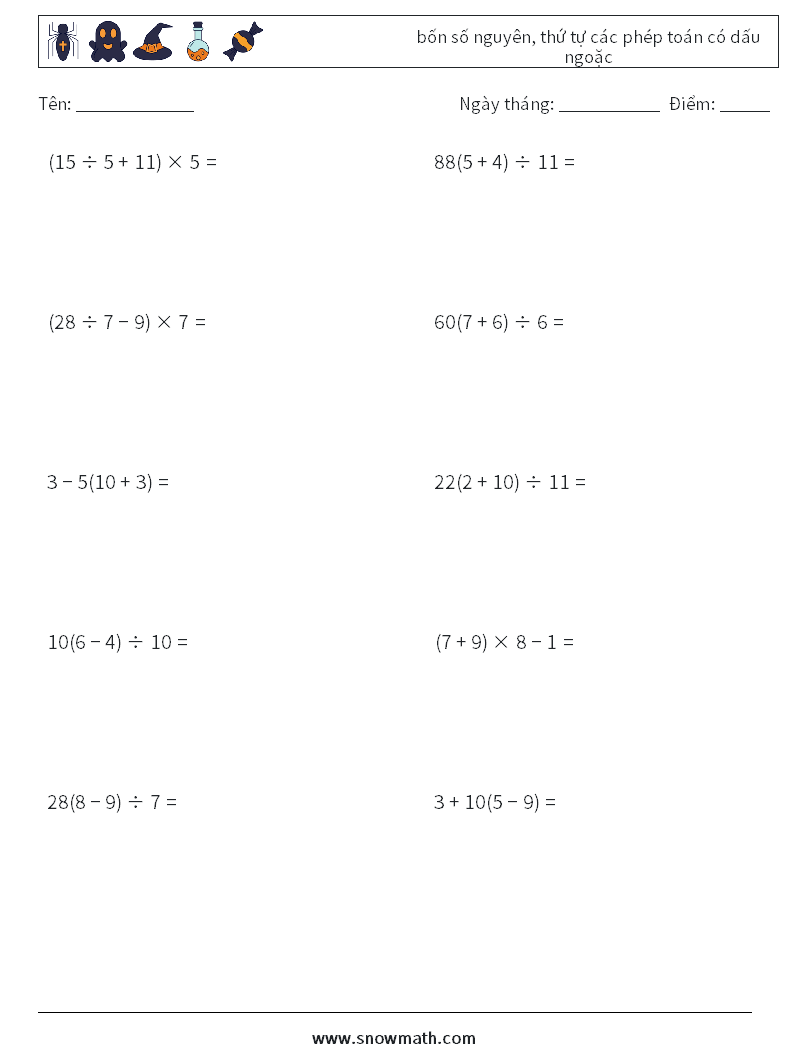 (10) bốn số nguyên, thứ tự các phép toán có dấu ngoặc Bảng tính toán học 14