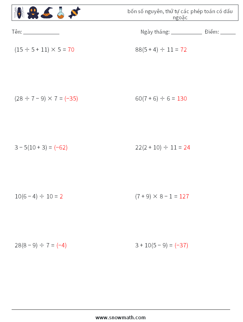 (10) bốn số nguyên, thứ tự các phép toán có dấu ngoặc Bảng tính toán học 14 Câu hỏi, câu trả lời
