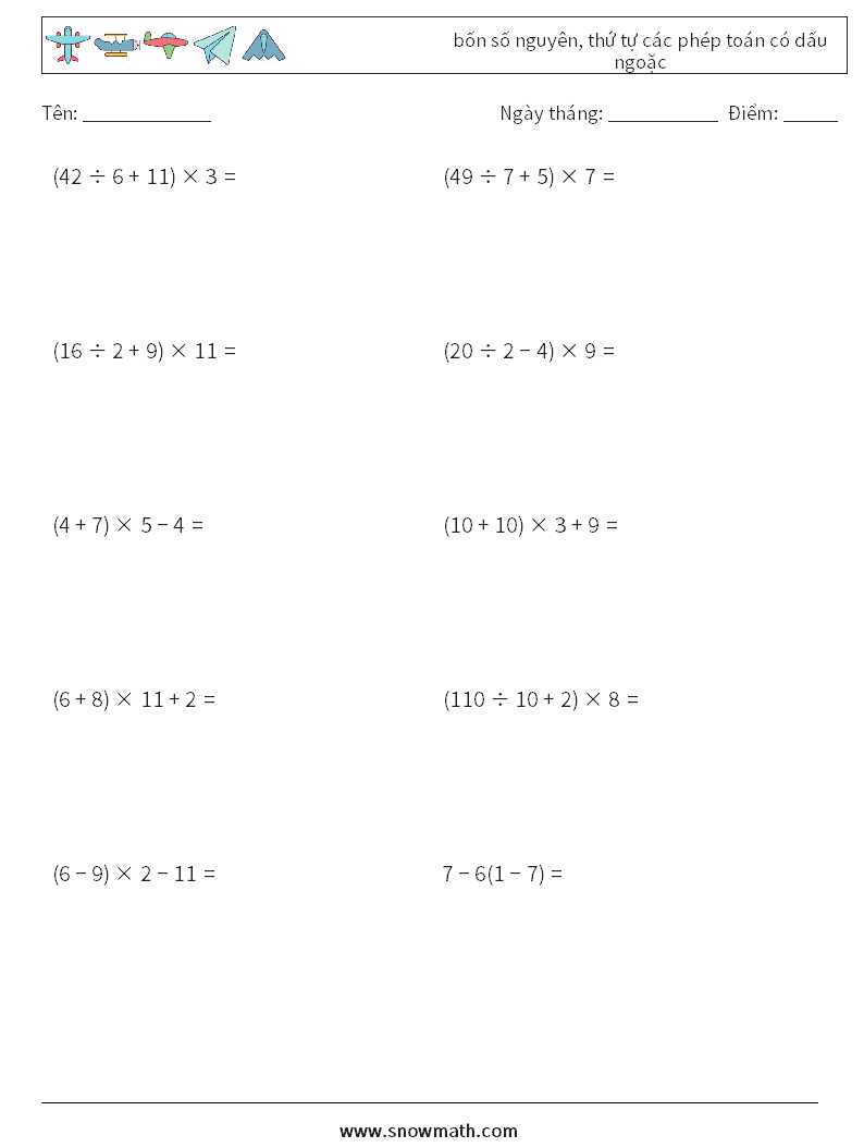 (10) bốn số nguyên, thứ tự các phép toán có dấu ngoặc Bảng tính toán học 15