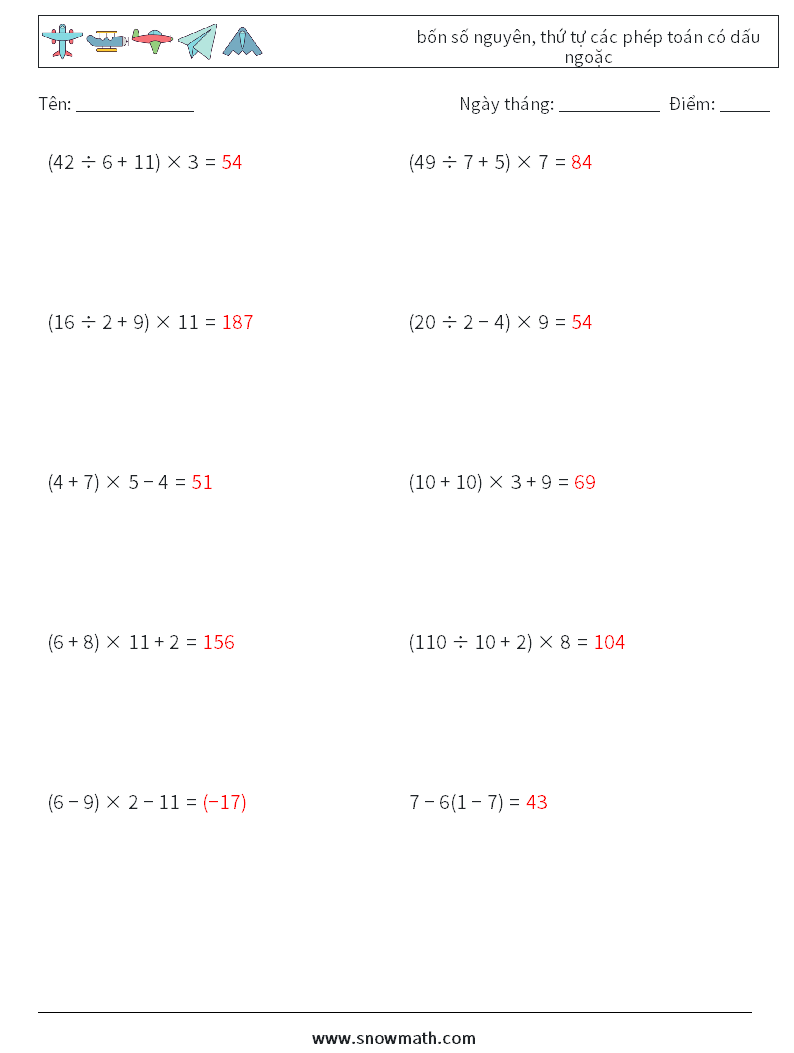 (10) bốn số nguyên, thứ tự các phép toán có dấu ngoặc Bảng tính toán học 15 Câu hỏi, câu trả lời