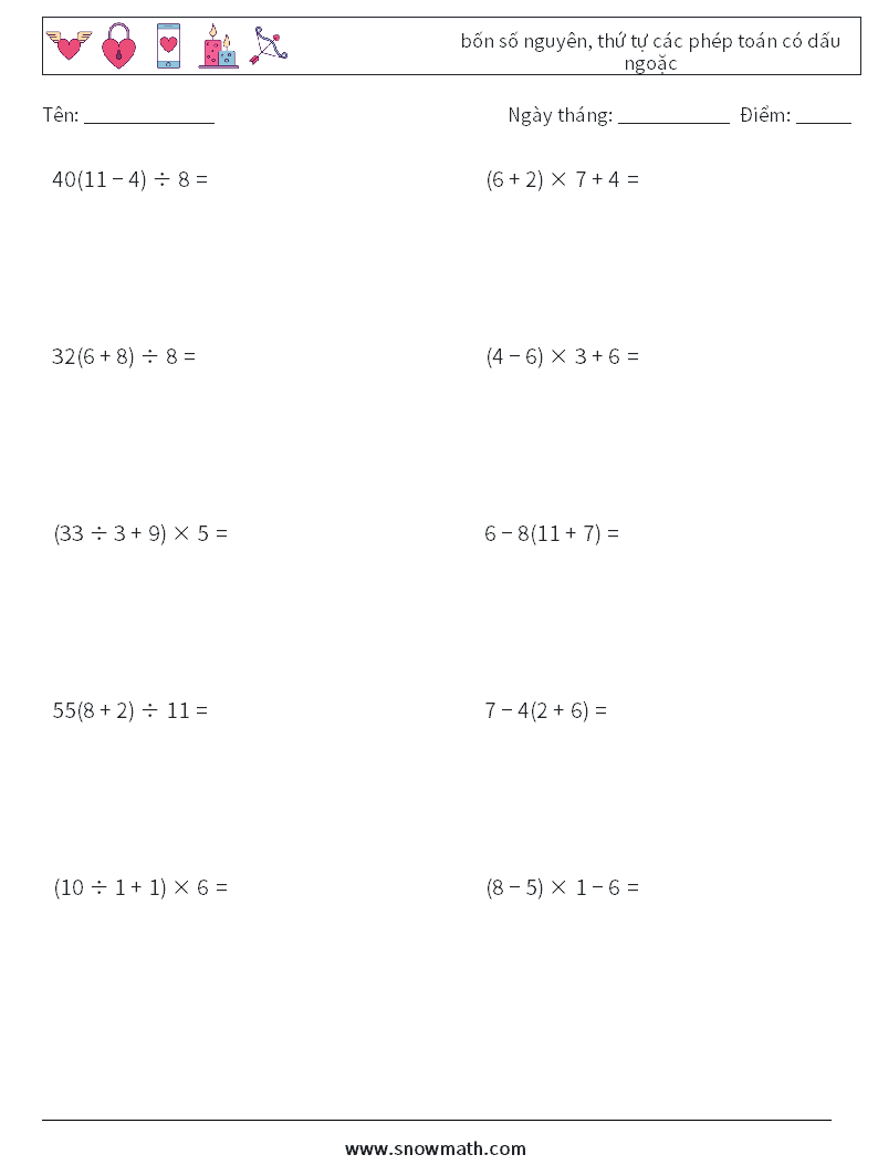 (10) bốn số nguyên, thứ tự các phép toán có dấu ngoặc Bảng tính toán học 17
