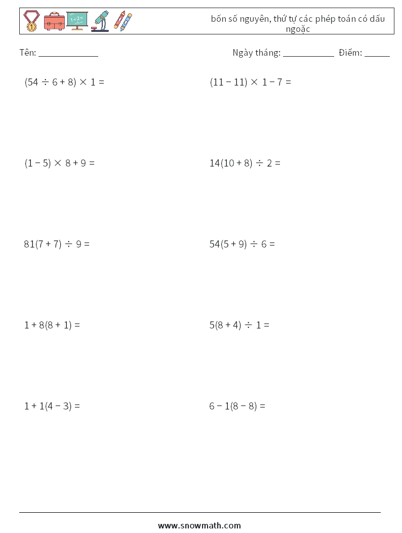 (10) bốn số nguyên, thứ tự các phép toán có dấu ngoặc Bảng tính toán học 18