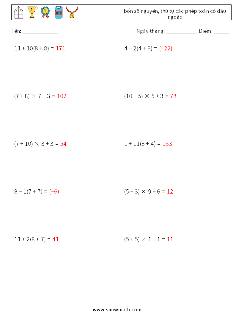 (10) bốn số nguyên, thứ tự các phép toán có dấu ngoặc Bảng tính toán học 1 Câu hỏi, câu trả lời