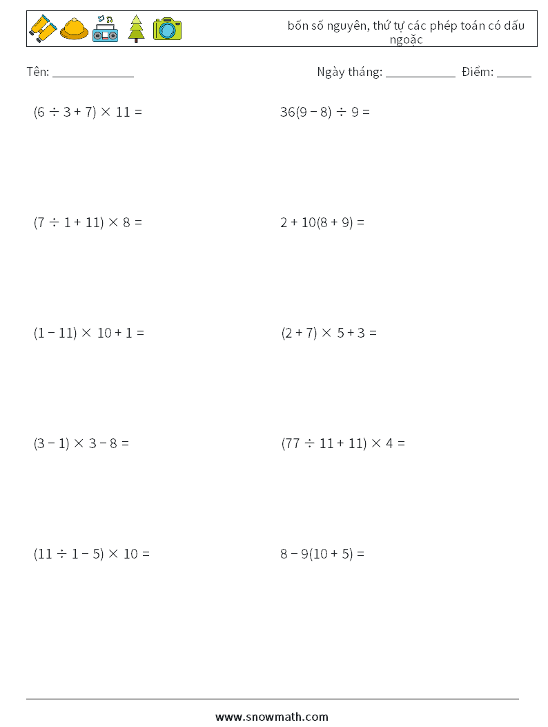 (10) bốn số nguyên, thứ tự các phép toán có dấu ngoặc Bảng tính toán học 2