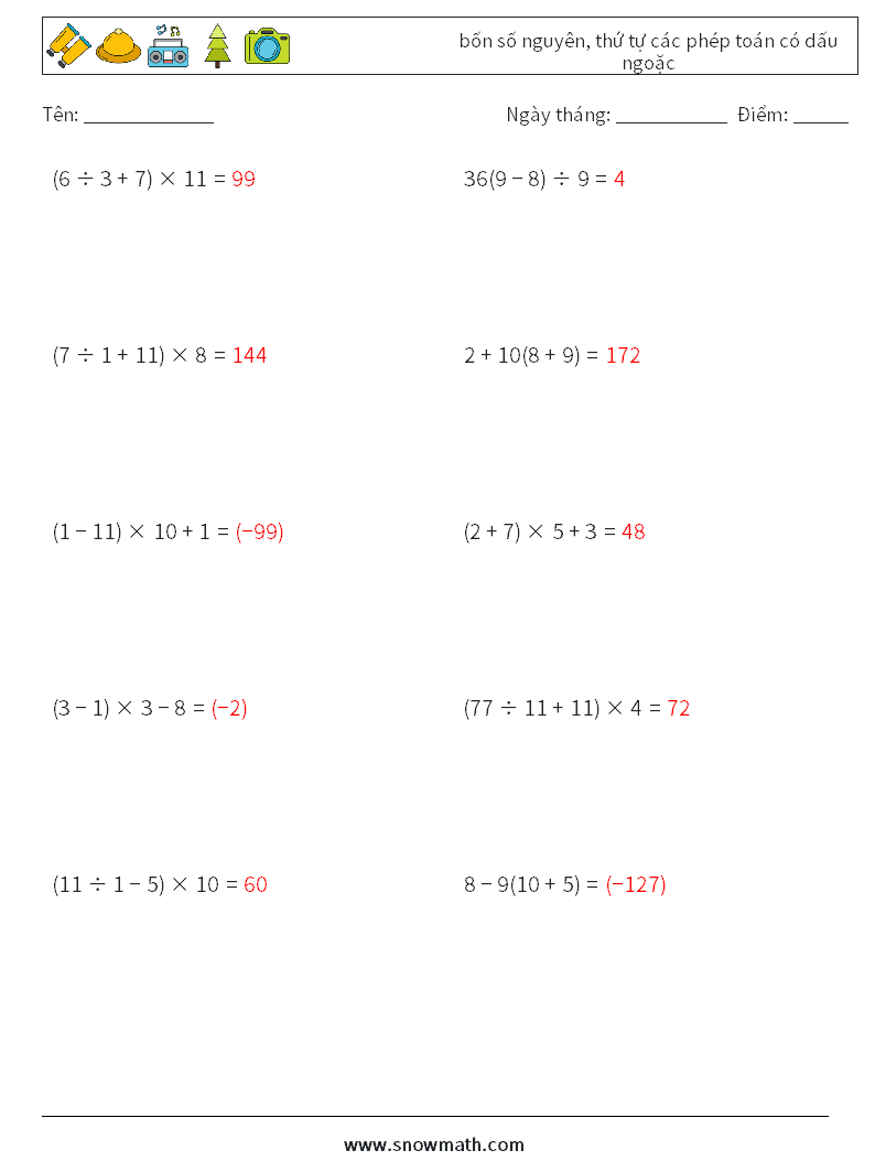 (10) bốn số nguyên, thứ tự các phép toán có dấu ngoặc Bảng tính toán học 2 Câu hỏi, câu trả lời
