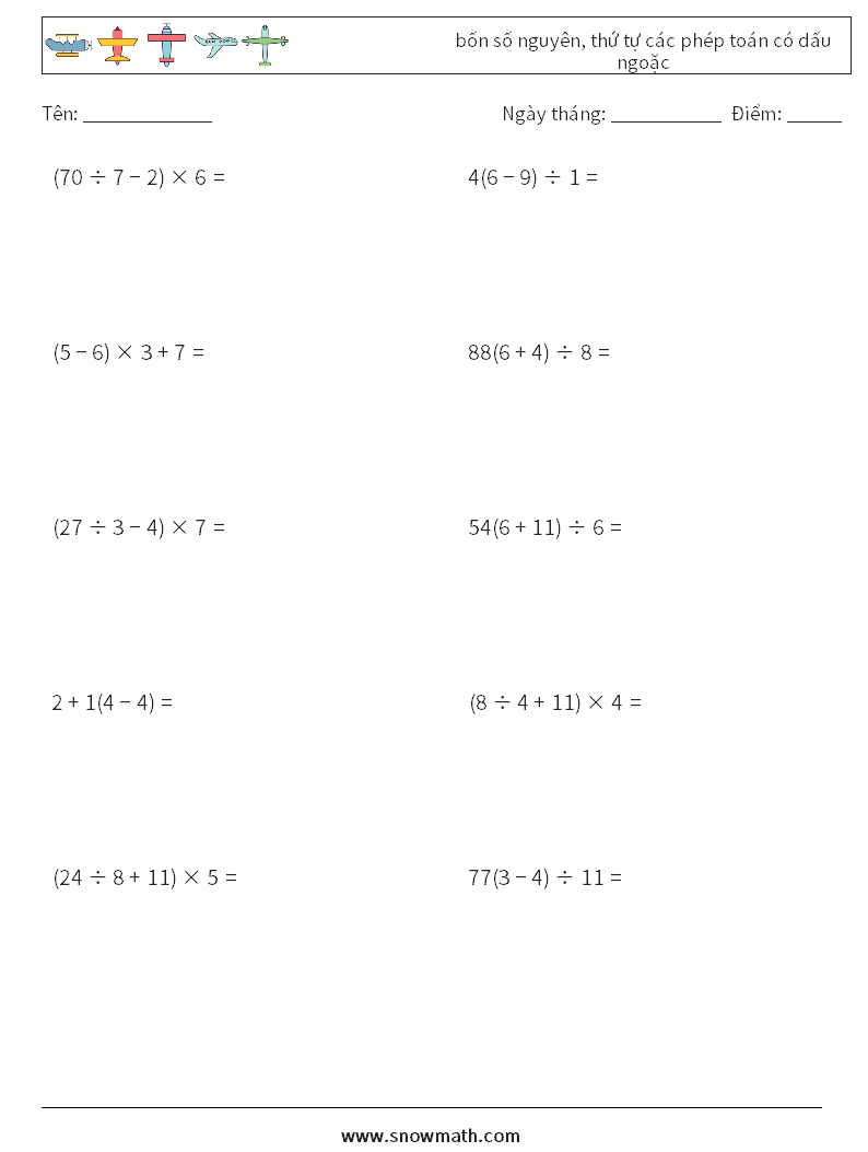 (10) bốn số nguyên, thứ tự các phép toán có dấu ngoặc Bảng tính toán học 3