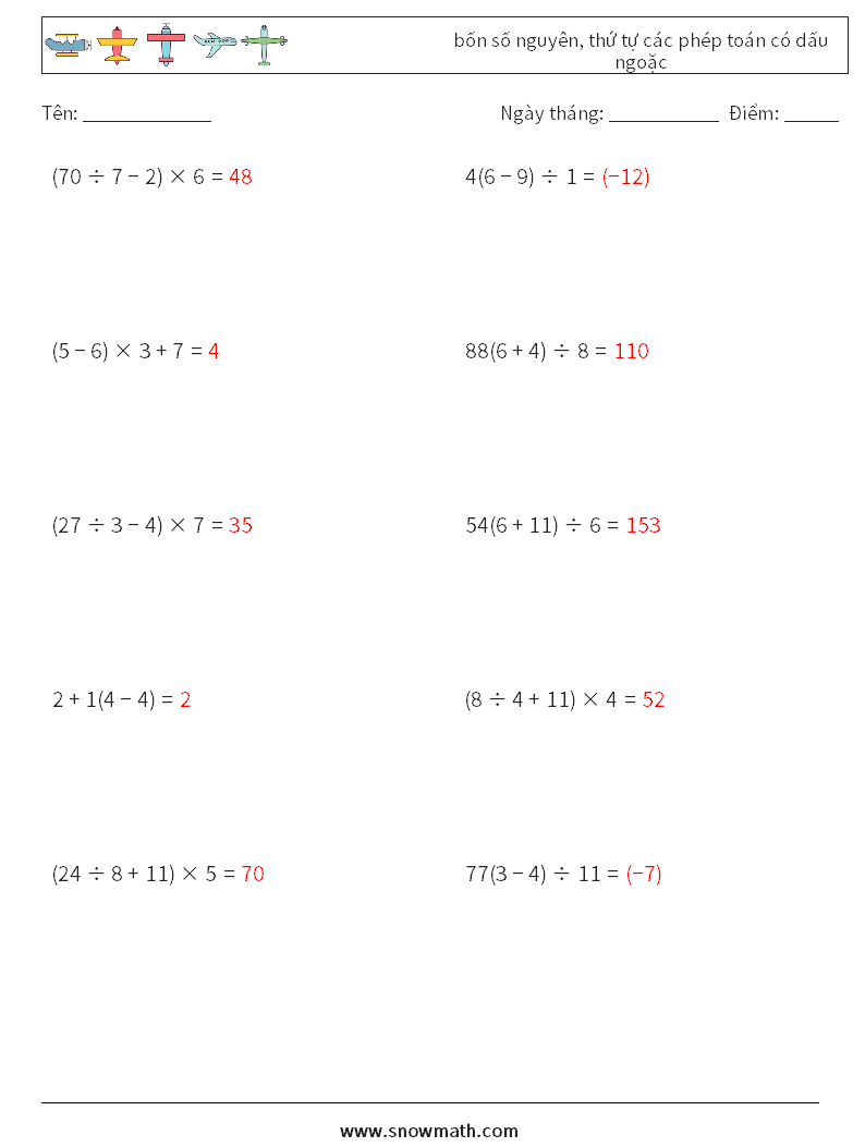 (10) bốn số nguyên, thứ tự các phép toán có dấu ngoặc Bảng tính toán học 3 Câu hỏi, câu trả lời
