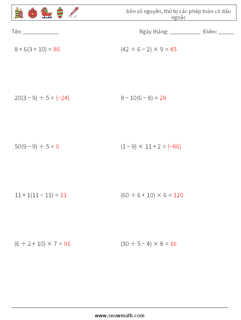 (10) bốn số nguyên, thứ tự các phép toán có dấu ngoặc Bảng tính toán học 4 Câu hỏi, câu trả lời