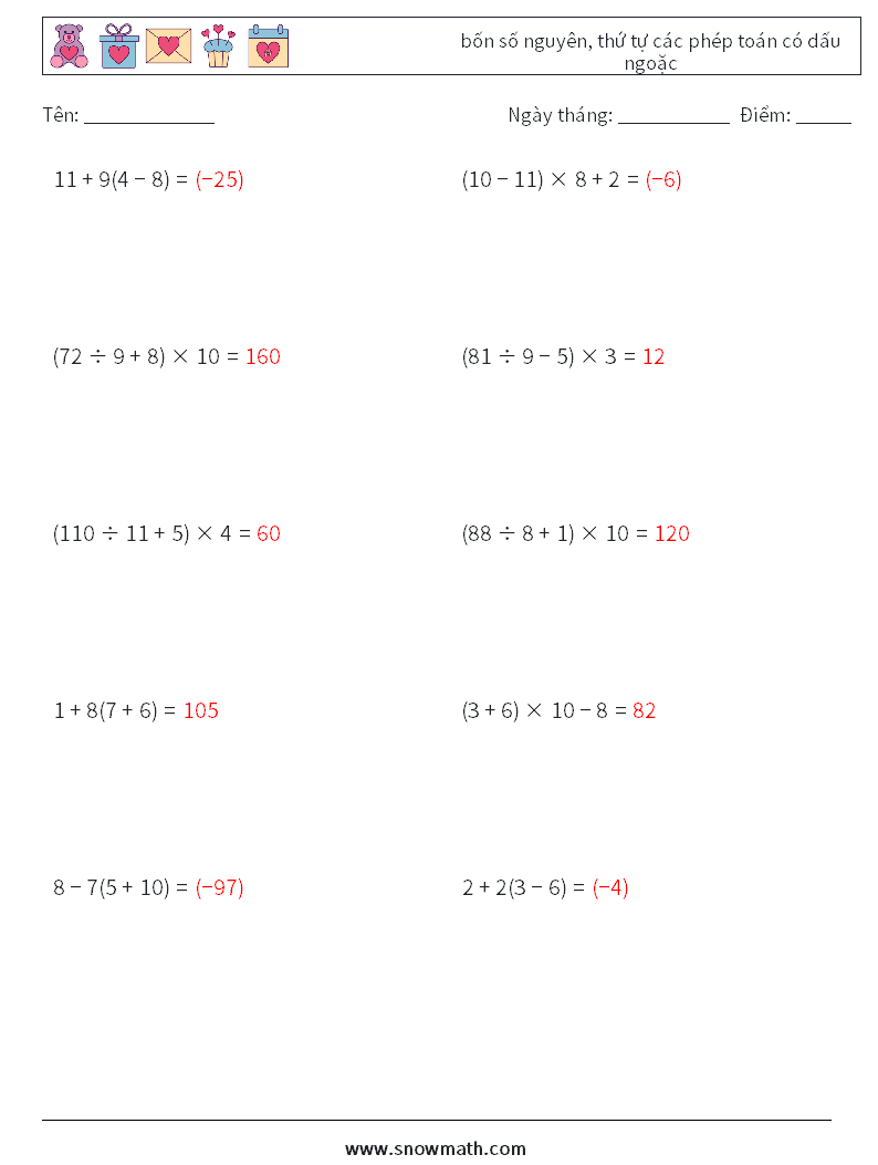 (10) bốn số nguyên, thứ tự các phép toán có dấu ngoặc Bảng tính toán học 5 Câu hỏi, câu trả lời