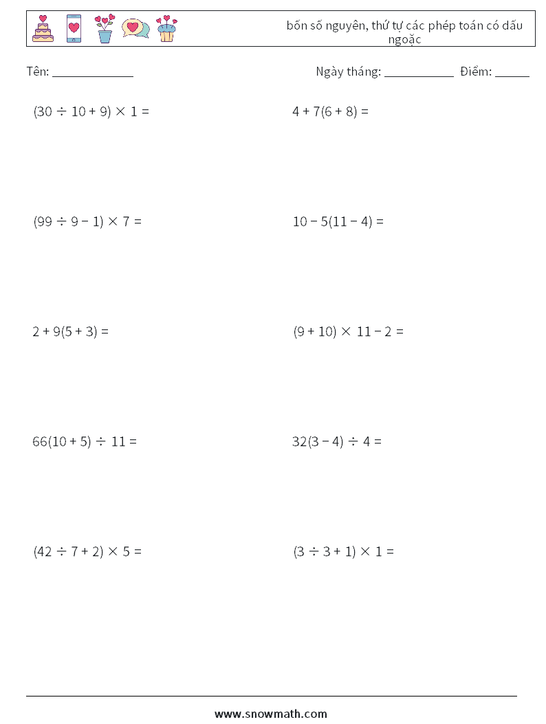 (10) bốn số nguyên, thứ tự các phép toán có dấu ngoặc Bảng tính toán học 6