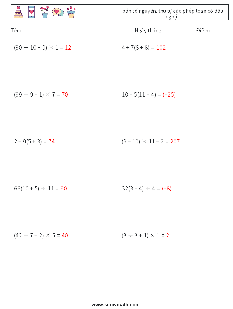 (10) bốn số nguyên, thứ tự các phép toán có dấu ngoặc Bảng tính toán học 6 Câu hỏi, câu trả lời