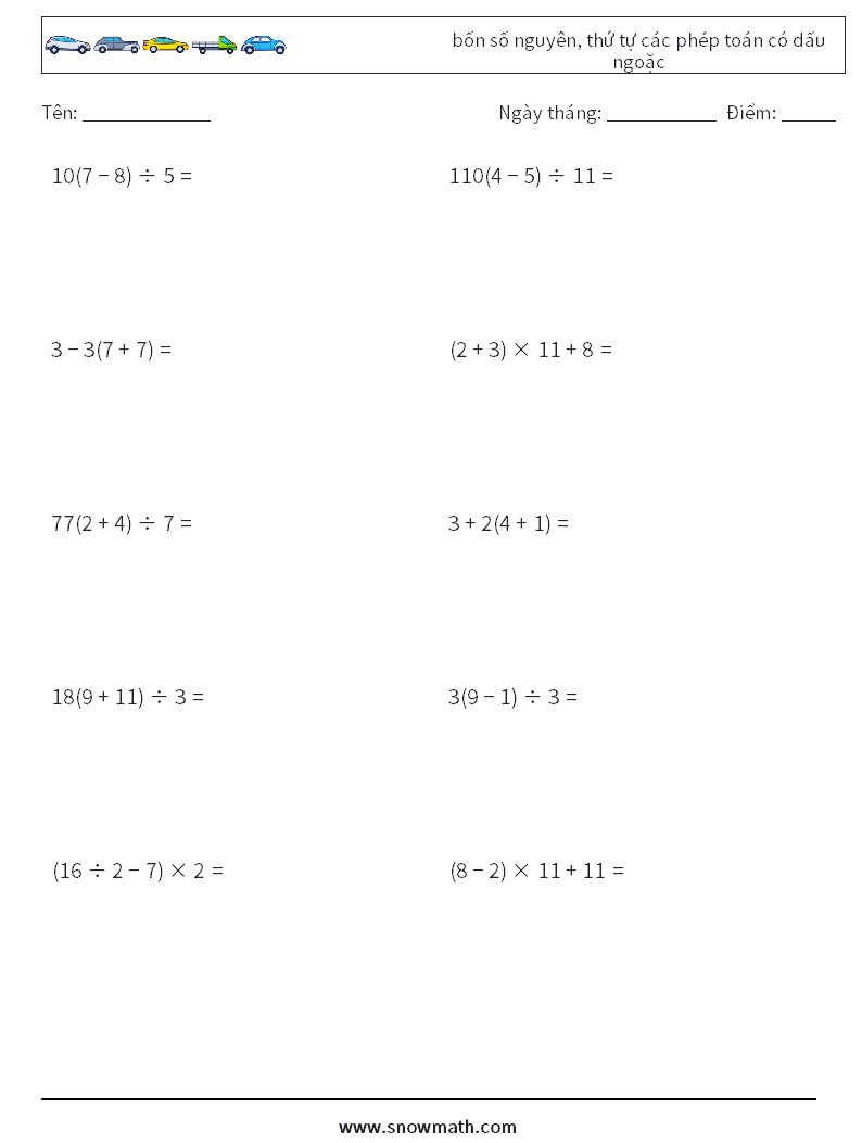 (10) bốn số nguyên, thứ tự các phép toán có dấu ngoặc Bảng tính toán học 7