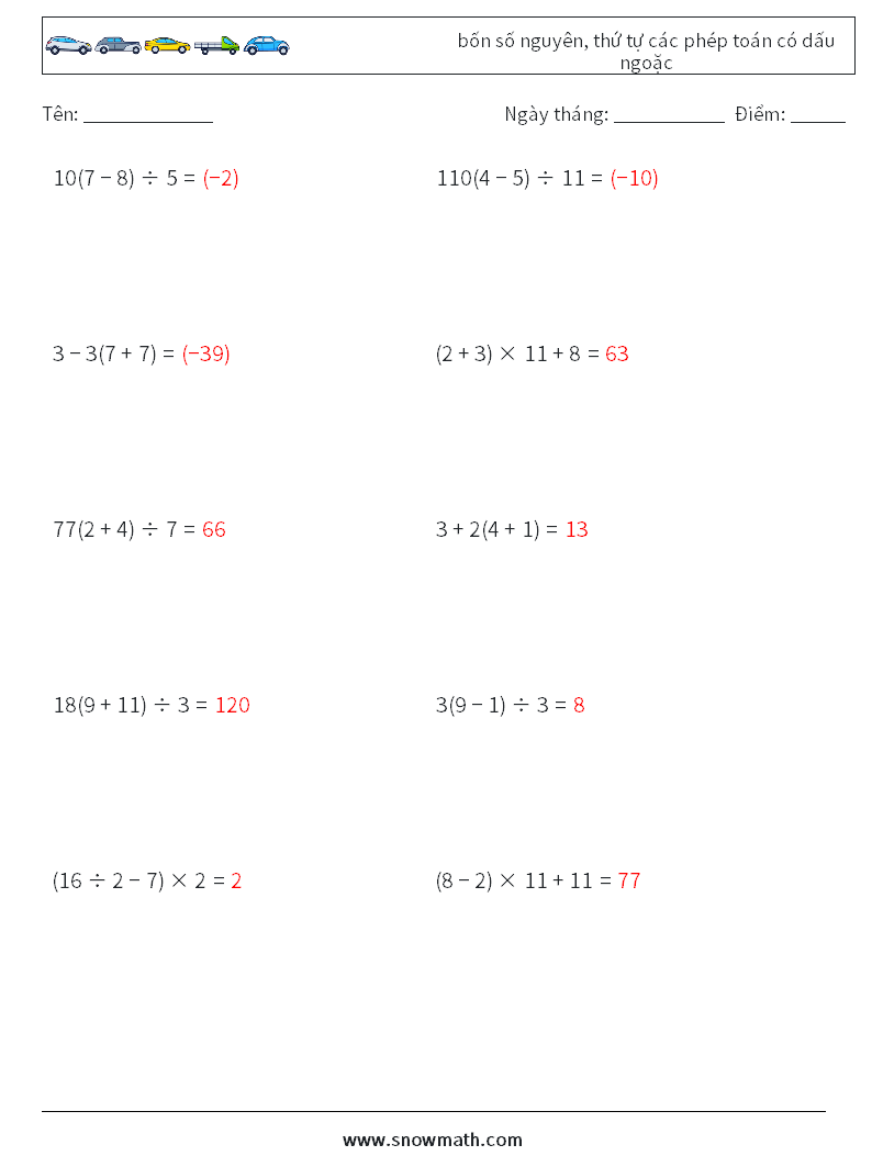 (10) bốn số nguyên, thứ tự các phép toán có dấu ngoặc Bảng tính toán học 7 Câu hỏi, câu trả lời