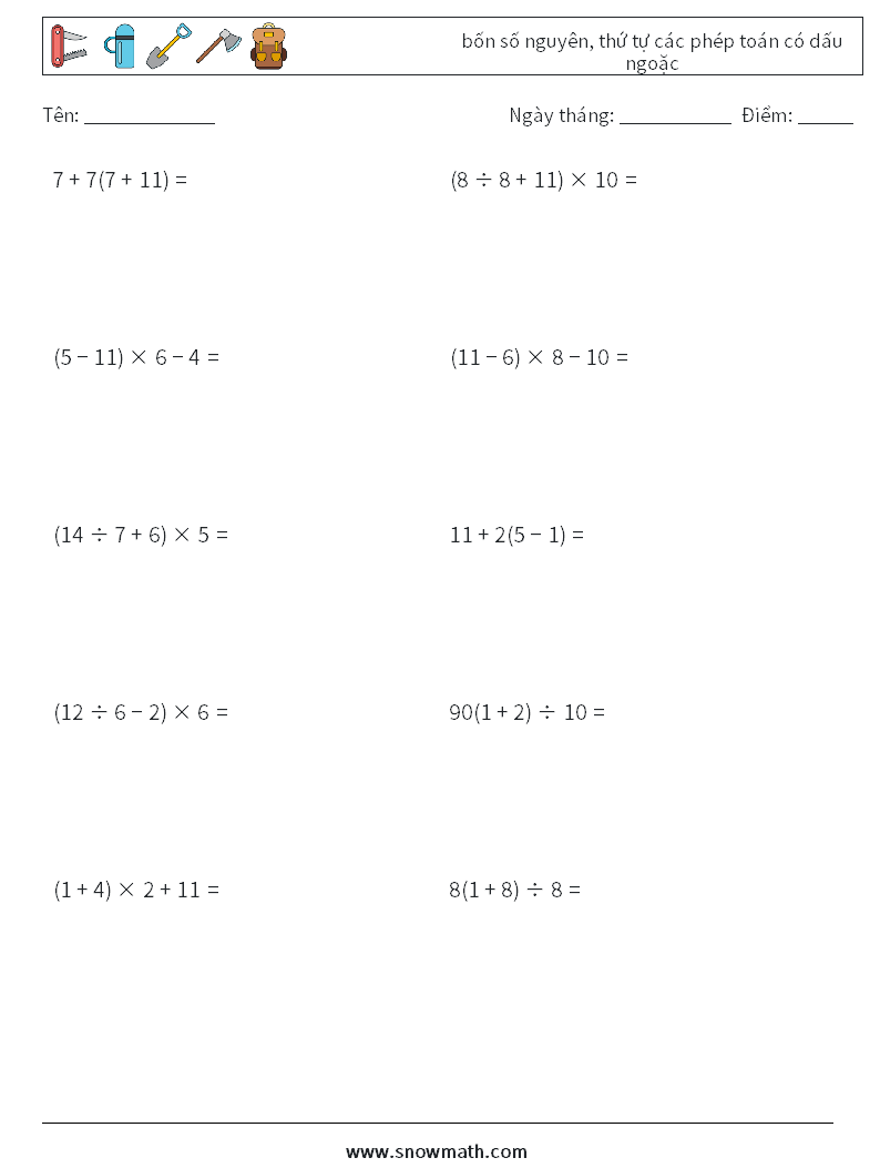 (10) bốn số nguyên, thứ tự các phép toán có dấu ngoặc Bảng tính toán học 8