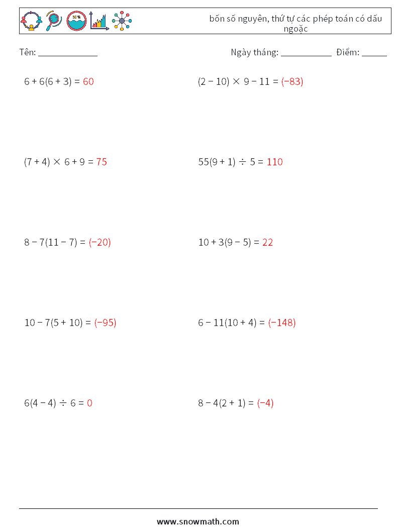 (10) bốn số nguyên, thứ tự các phép toán có dấu ngoặc Bảng tính toán học 9 Câu hỏi, câu trả lời