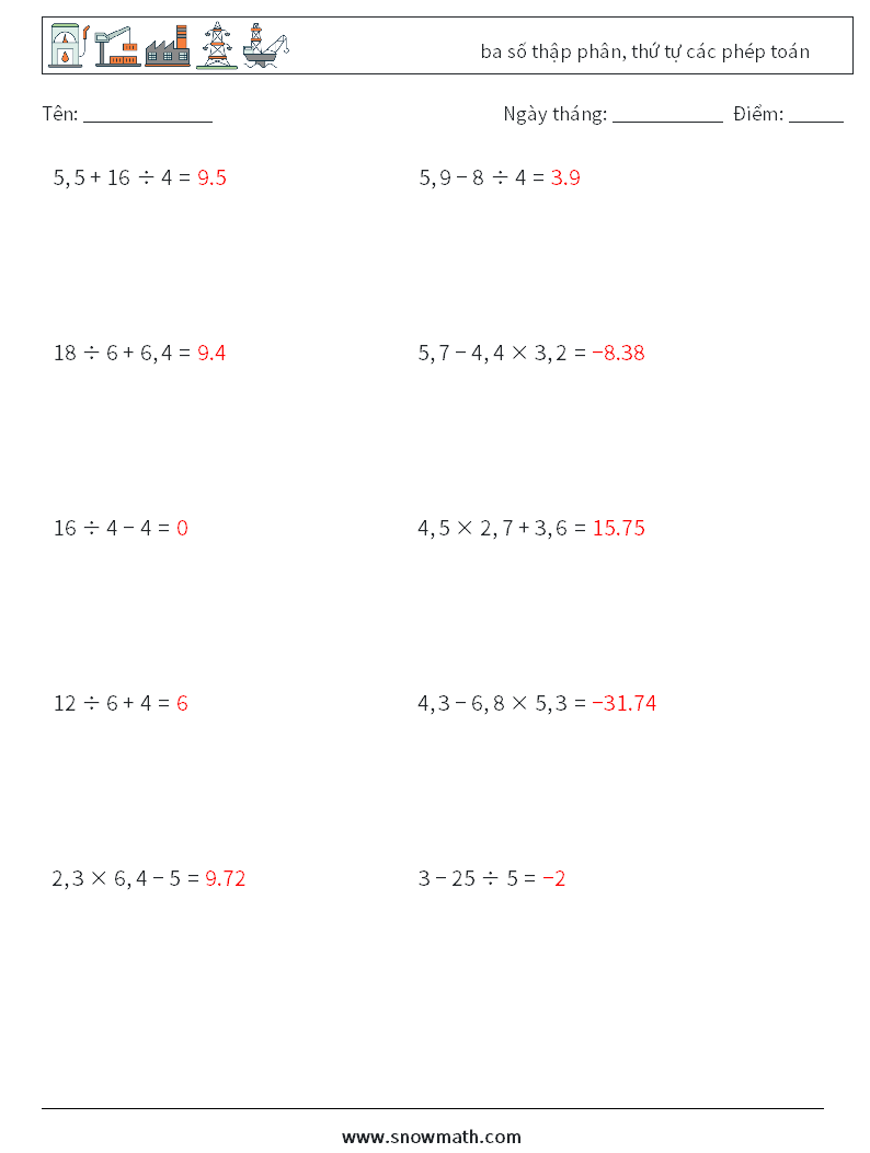 (10) ba số thập phân, thứ tự các phép toán Bảng tính toán học 12 Câu hỏi, câu trả lời