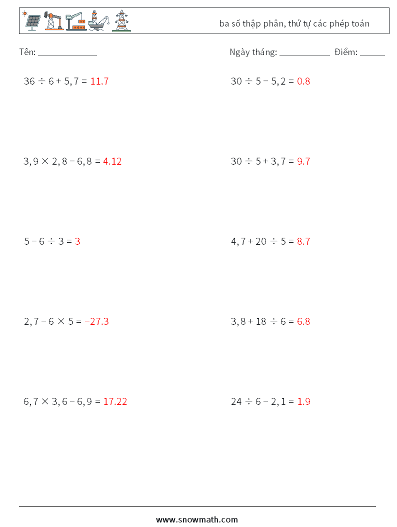 (10) ba số thập phân, thứ tự các phép toán Bảng tính toán học 15 Câu hỏi, câu trả lời