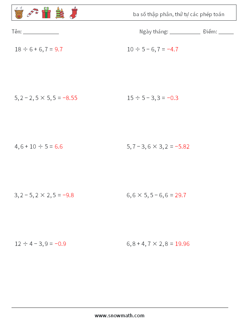 (10) ba số thập phân, thứ tự các phép toán Bảng tính toán học 16 Câu hỏi, câu trả lời