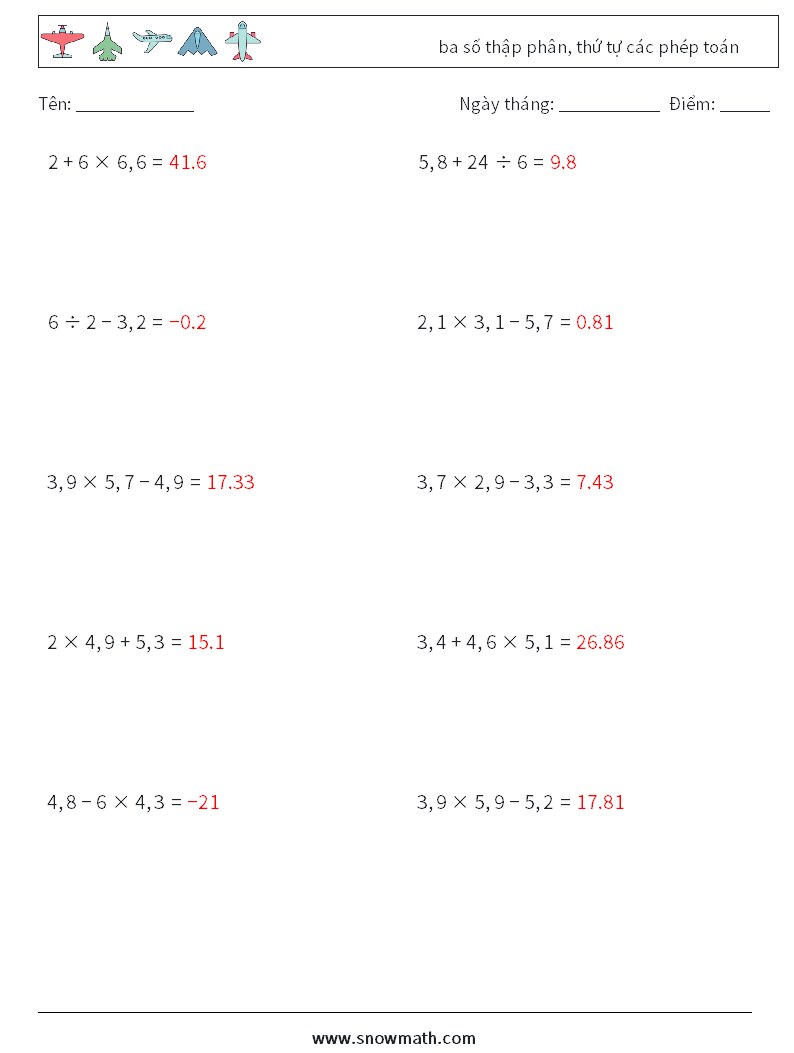(10) ba số thập phân, thứ tự các phép toán Bảng tính toán học 17 Câu hỏi, câu trả lời