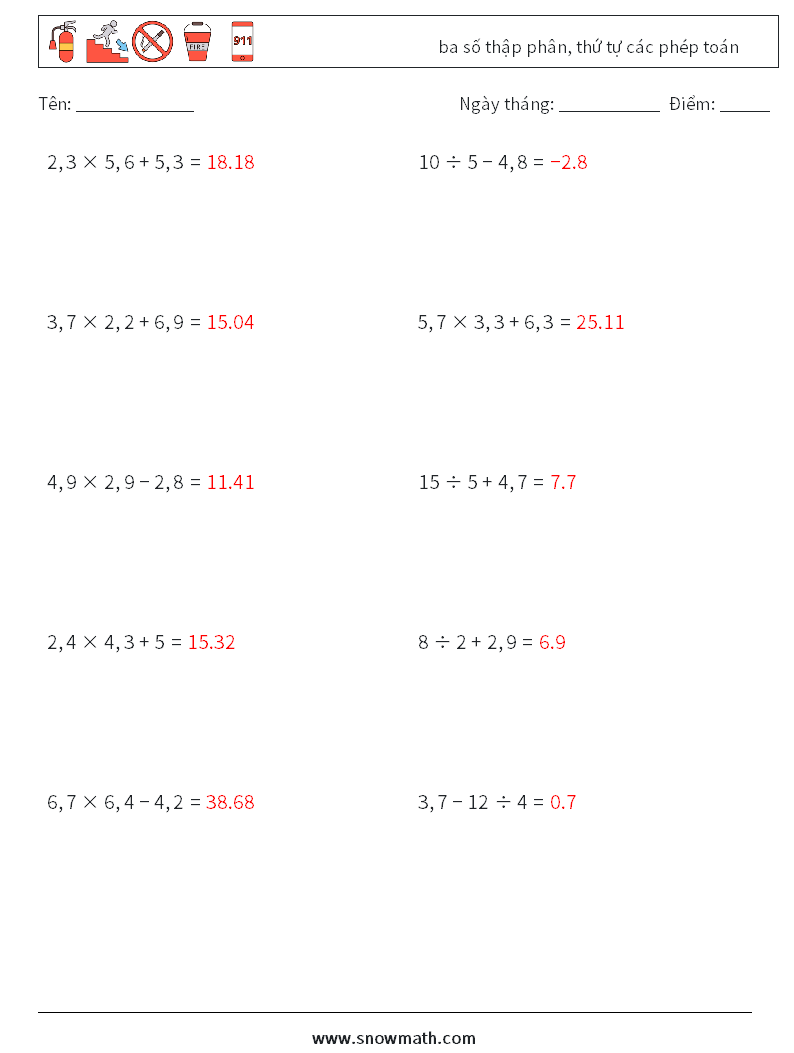 (10) ba số thập phân, thứ tự các phép toán Bảng tính toán học 18 Câu hỏi, câu trả lời