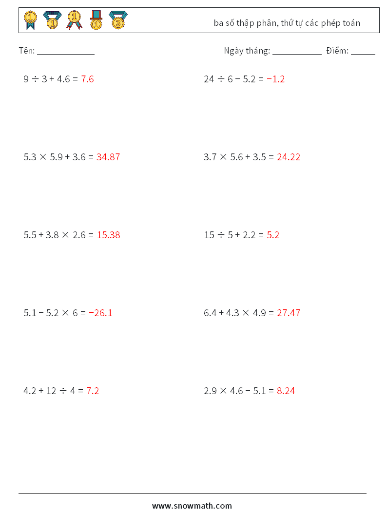 (10) ba số thập phân, thứ tự các phép toán Bảng tính toán học 2 Câu hỏi, câu trả lời