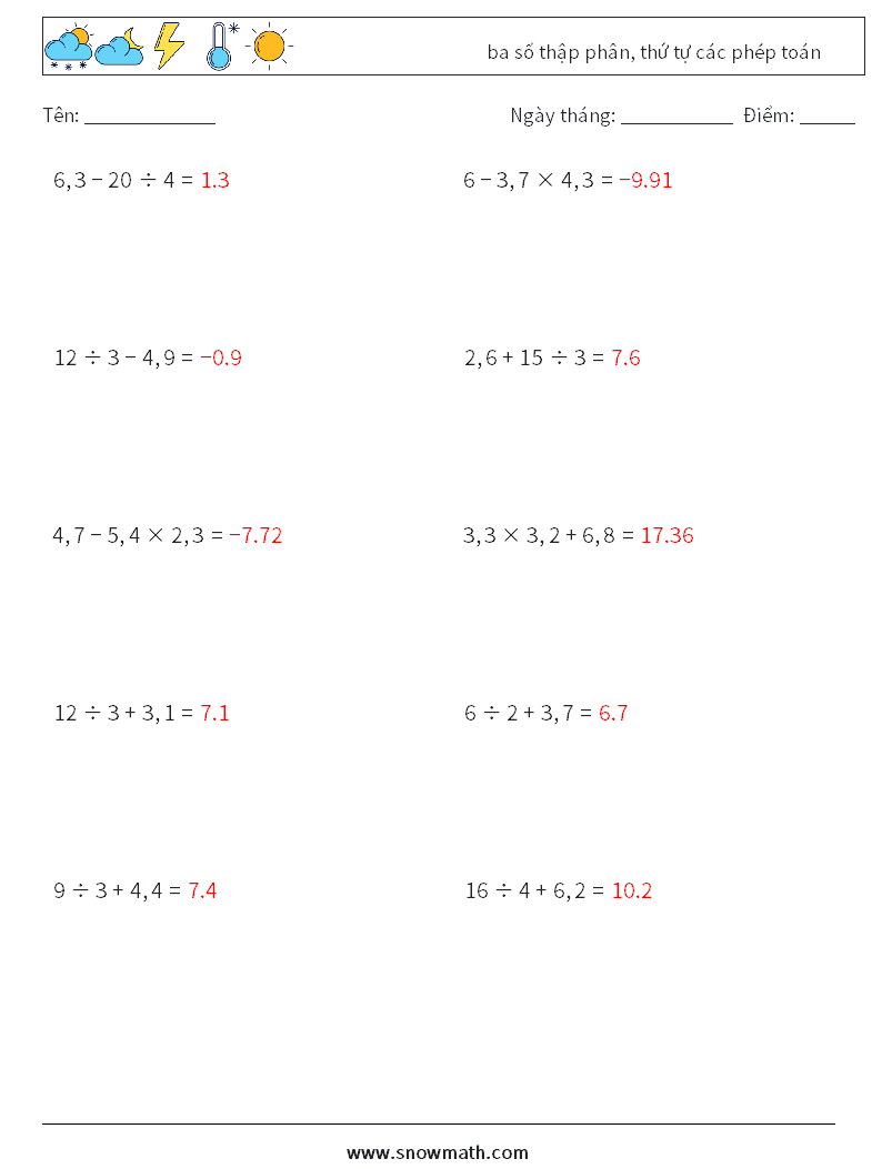 (10) ba số thập phân, thứ tự các phép toán Bảng tính toán học 3 Câu hỏi, câu trả lời