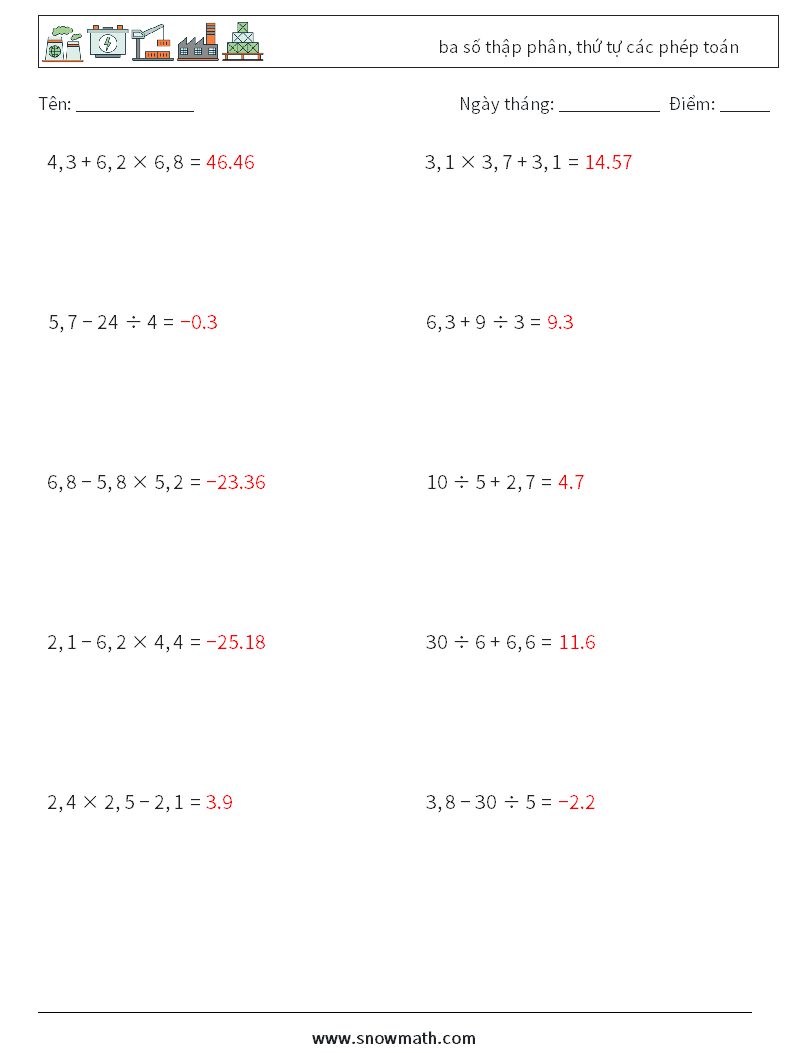 (10) ba số thập phân, thứ tự các phép toán Bảng tính toán học 5 Câu hỏi, câu trả lời