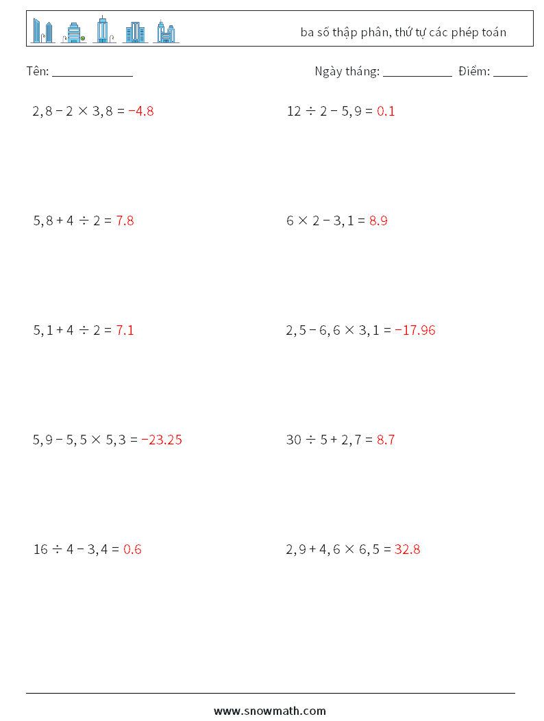 (10) ba số thập phân, thứ tự các phép toán Bảng tính toán học 6 Câu hỏi, câu trả lời