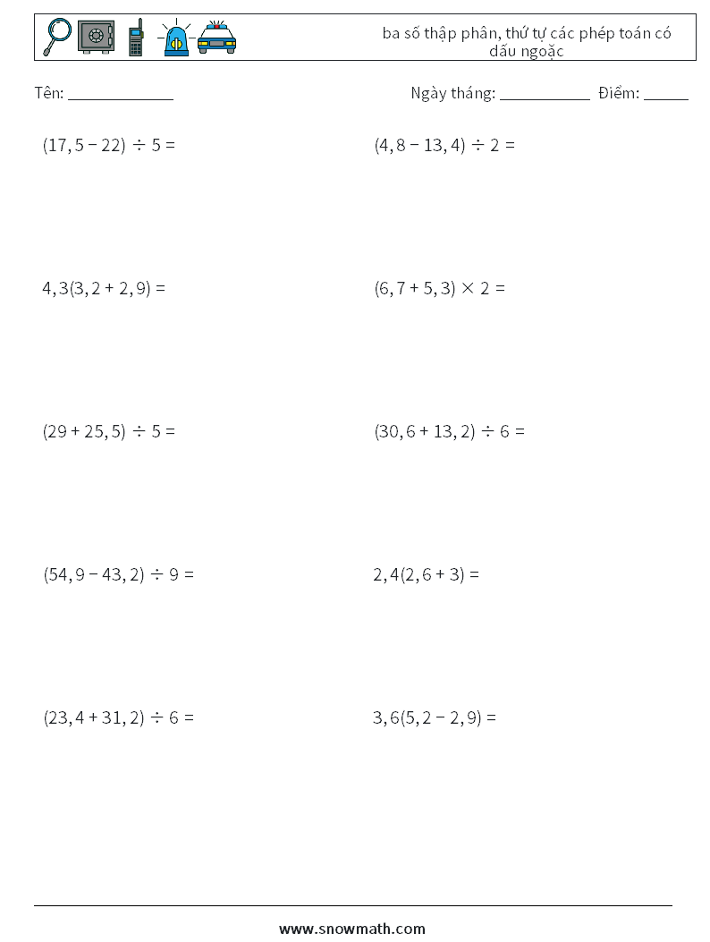(10) ba số thập phân, thứ tự các phép toán có dấu ngoặc Bảng tính toán học 11