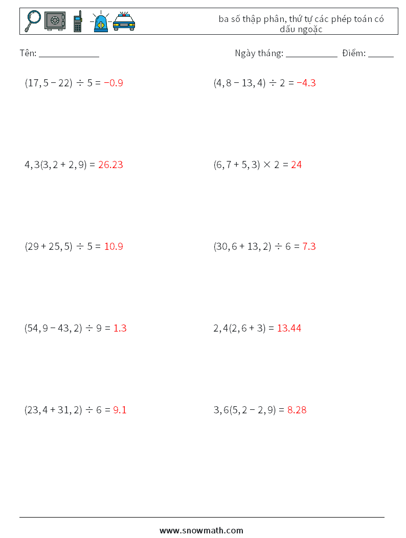 (10) ba số thập phân, thứ tự các phép toán có dấu ngoặc Bảng tính toán học 11 Câu hỏi, câu trả lời