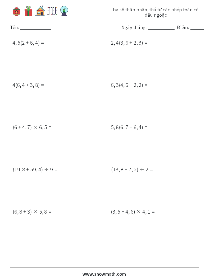 (10) ba số thập phân, thứ tự các phép toán có dấu ngoặc Bảng tính toán học 14