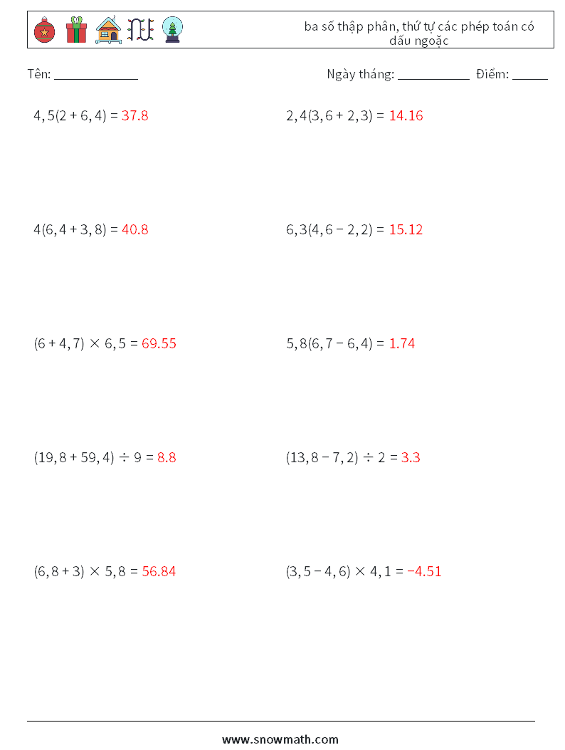 (10) ba số thập phân, thứ tự các phép toán có dấu ngoặc Bảng tính toán học 14 Câu hỏi, câu trả lời