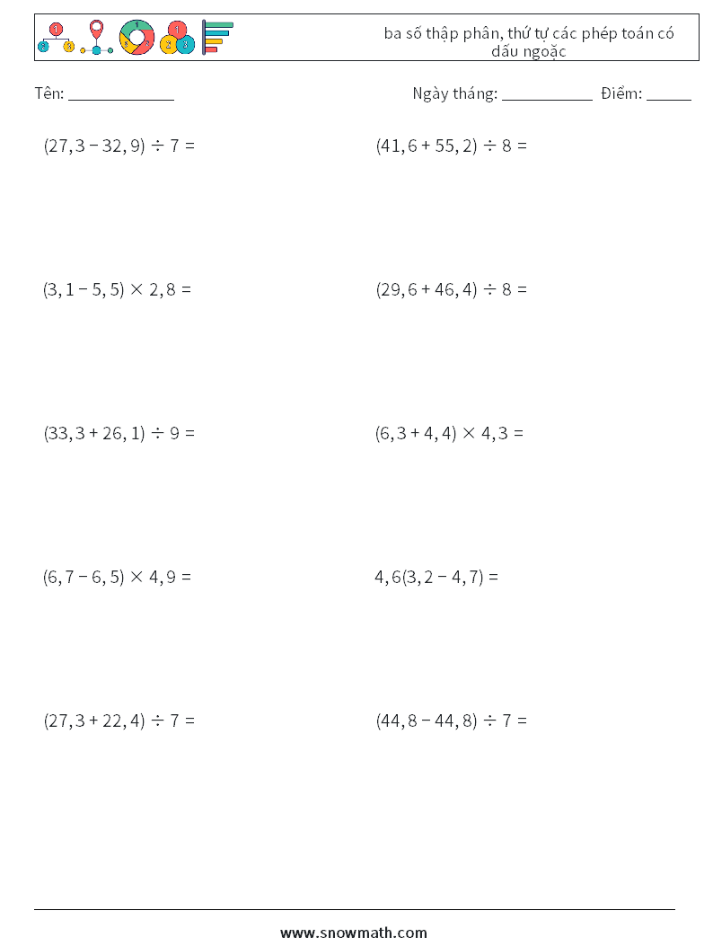 (10) ba số thập phân, thứ tự các phép toán có dấu ngoặc Bảng tính toán học 16