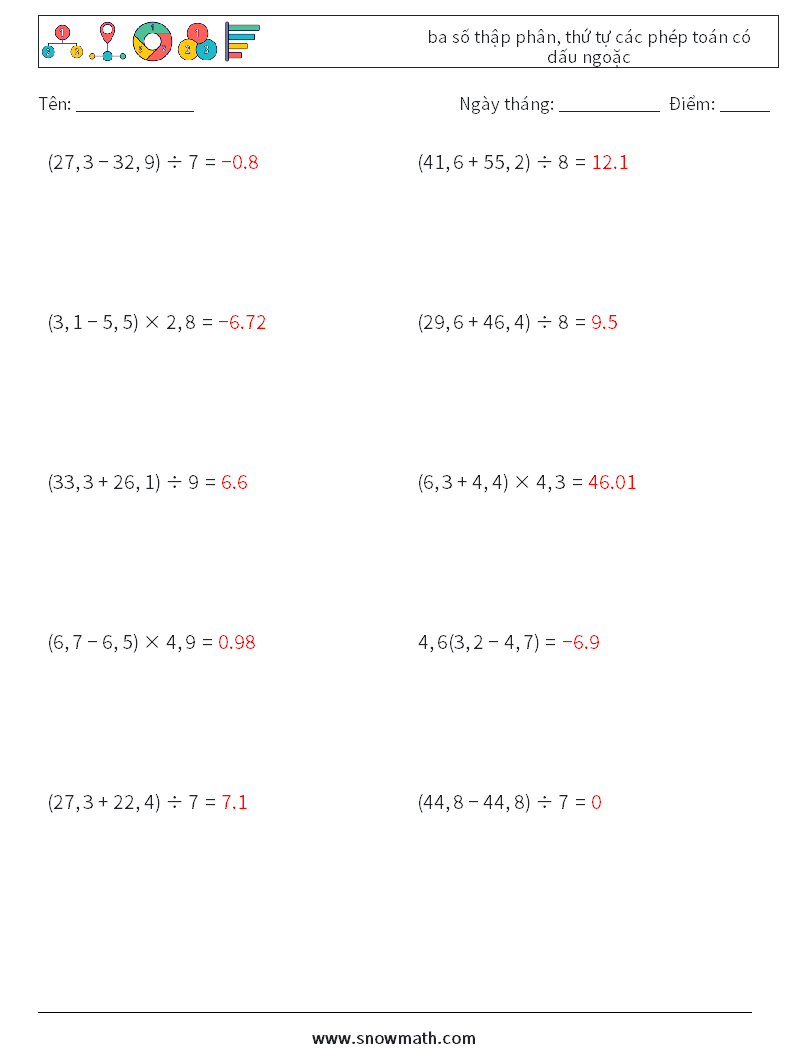 (10) ba số thập phân, thứ tự các phép toán có dấu ngoặc Bảng tính toán học 16 Câu hỏi, câu trả lời