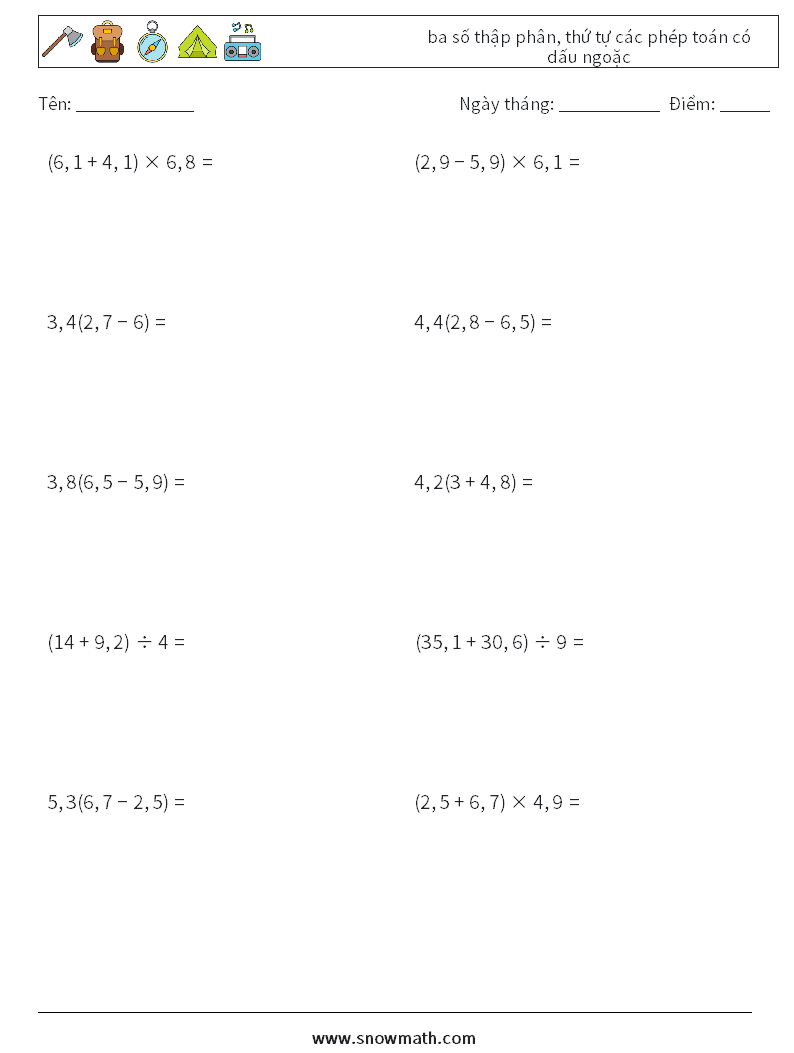 (10) ba số thập phân, thứ tự các phép toán có dấu ngoặc Bảng tính toán học 17