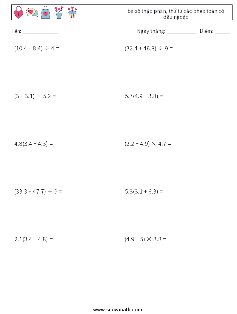 (10) ba số thập phân, thứ tự các phép toán có dấu ngoặc Bảng tính toán học 2