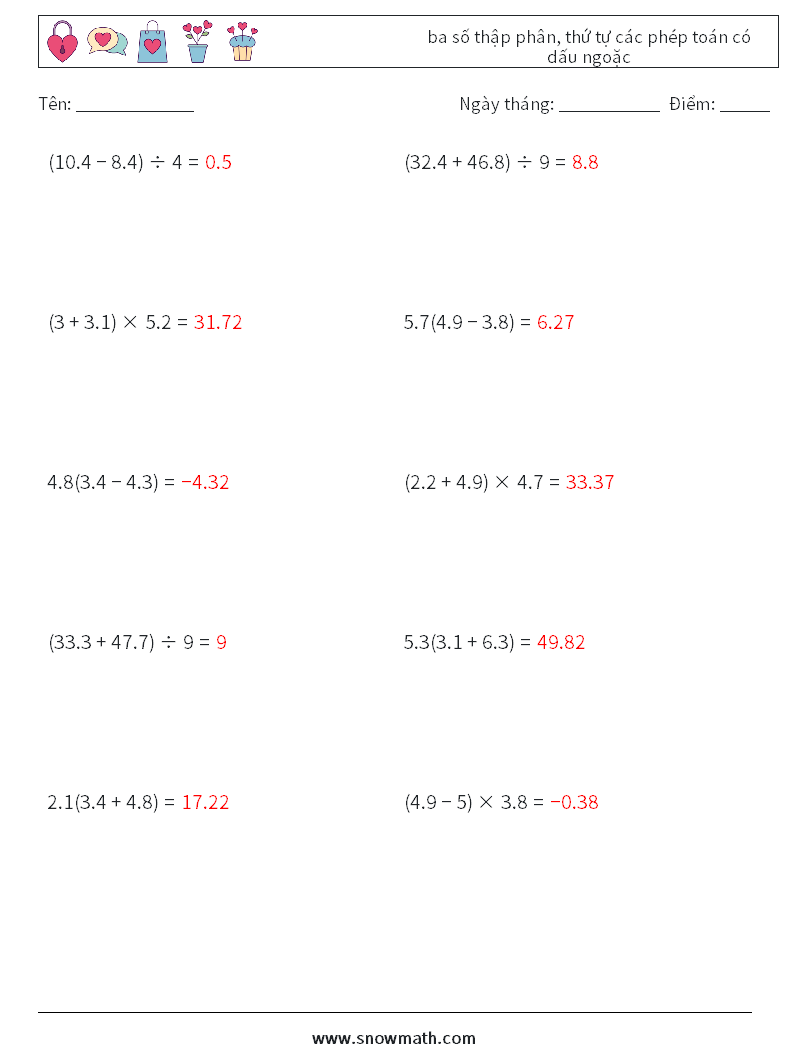 (10) ba số thập phân, thứ tự các phép toán có dấu ngoặc Bảng tính toán học 2 Câu hỏi, câu trả lời