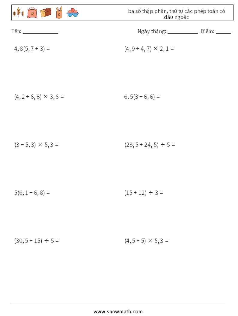 (10) ba số thập phân, thứ tự các phép toán có dấu ngoặc Bảng tính toán học 3