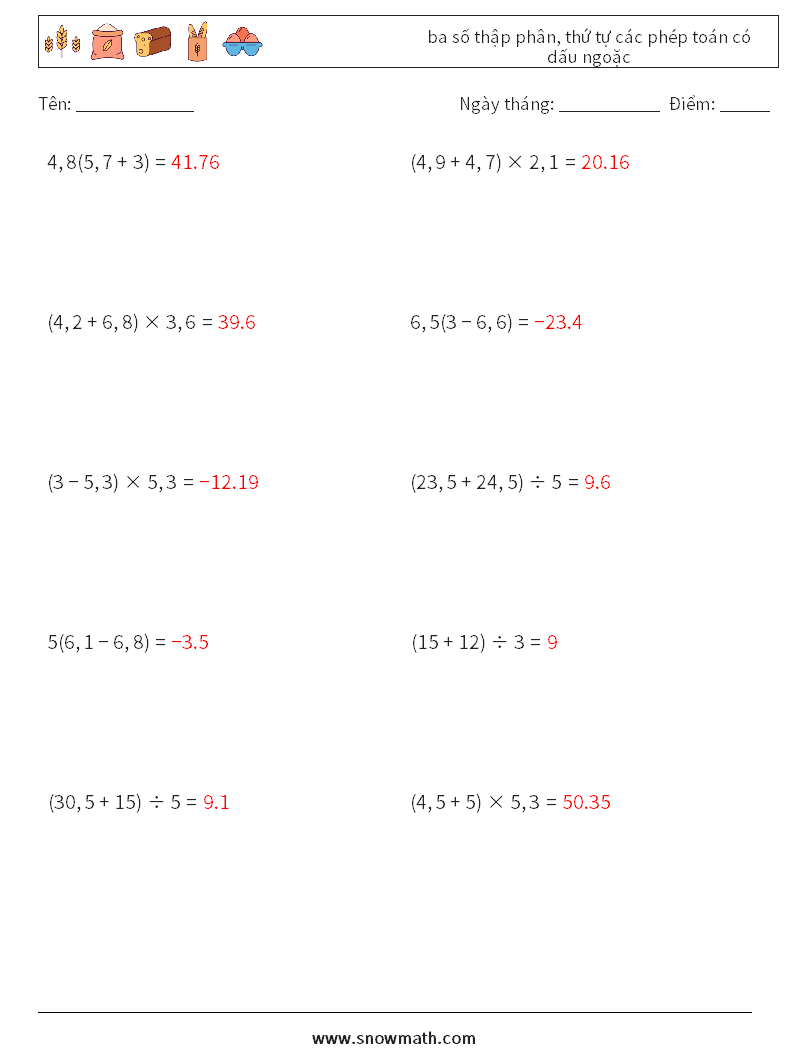 (10) ba số thập phân, thứ tự các phép toán có dấu ngoặc Bảng tính toán học 3 Câu hỏi, câu trả lời