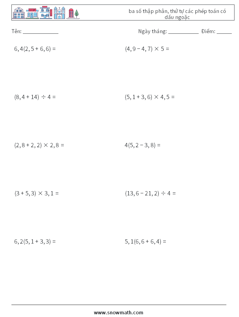(10) ba số thập phân, thứ tự các phép toán có dấu ngoặc Bảng tính toán học 4
