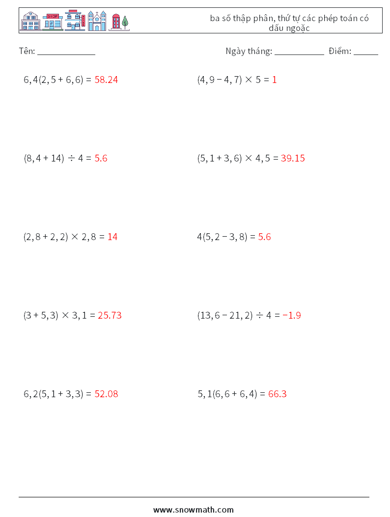 (10) ba số thập phân, thứ tự các phép toán có dấu ngoặc Bảng tính toán học 4 Câu hỏi, câu trả lời